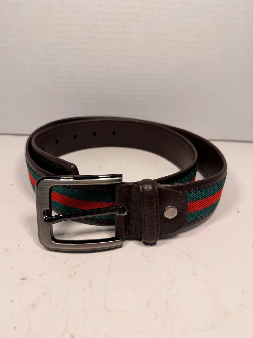Brown Leather and Web Stripe Elastic Belt with Square Buckle  Size 39 inches